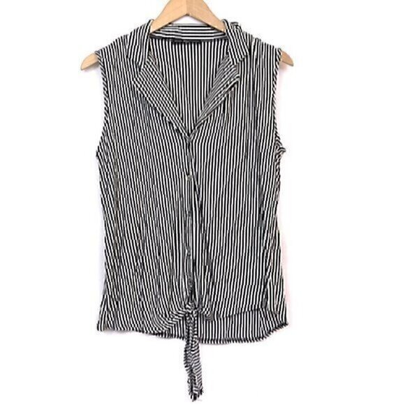 KIM & CAMI Black White Stripe Sleeveless Button Down Tie Knot Blouse Tank Top S - Picture 1 of 4